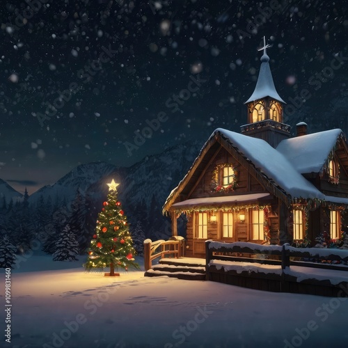 Wallpaper Mural Christmas house with Christmas tree Torontodigital.ca