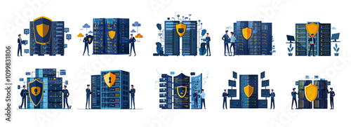 Cartoon ddos attack data protection. Man in suit staff personnel with shield and laptop, standing in front of server racks, cyber defense information center, hosting storage security vault
