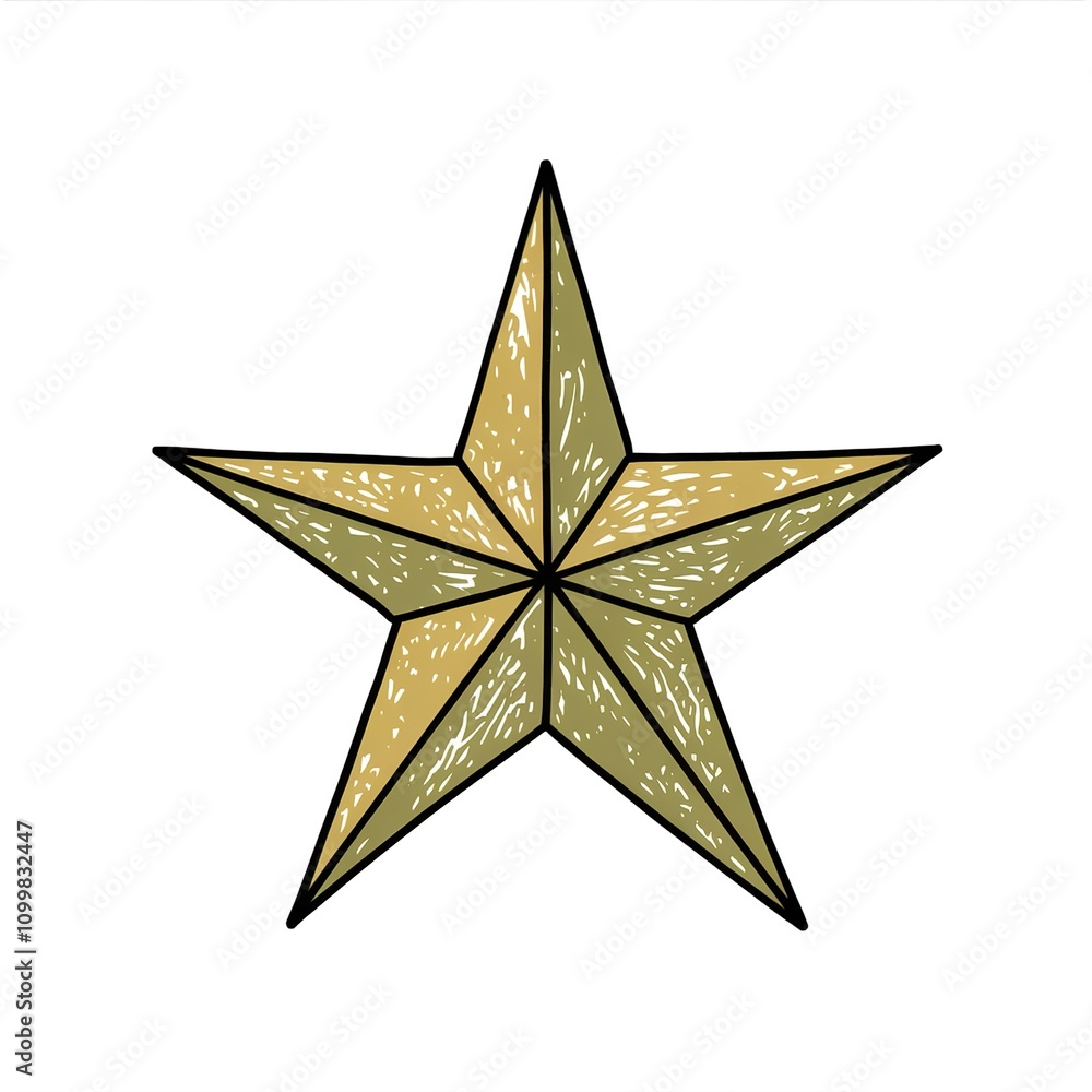 Fototapeta premium Hand-drawn five-pointed star illustration featuring a rustic gold color and unique scratched vintage texture isolated as a quality design element.
