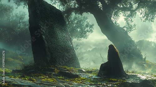 Odin carving runes into a massive stone slab in an ancient, foggy woodland photo