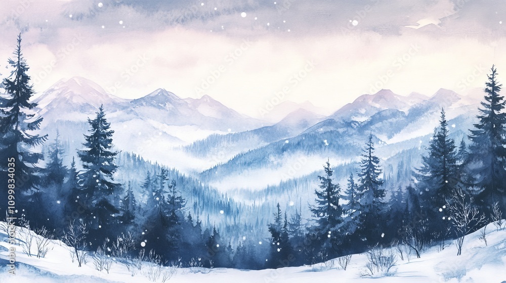 Obraz premium A painting of a snowy mountain landscape with pine trees