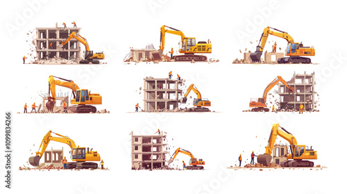 Cartoon demolition building scenes. Bulldozer excavator destroying concrete houses and walls, builders characters in uniform removing stone remains, heavy machinery at work isolated vector artworks