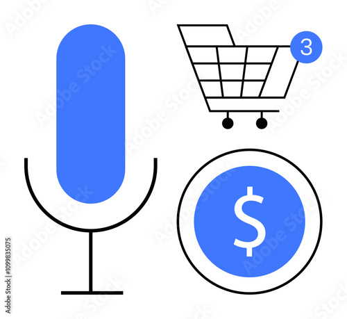 Microphone, shopping cart with three notifications, and dollar sign in circle representing digital commerce. Ideal for e-commerce, mobile shopping, online payments, marketing, podcast, sales