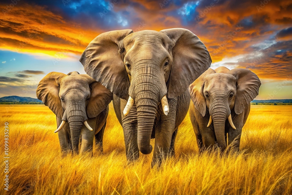Fototapeta premium Majestic Elephants in African Savannah Tall Grass - AI Photo