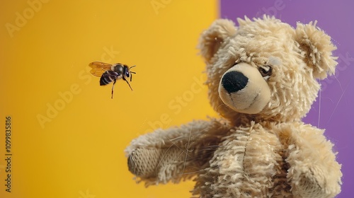 The teddy bear who catches an insect by capture of the bug a network on yellow and purple background