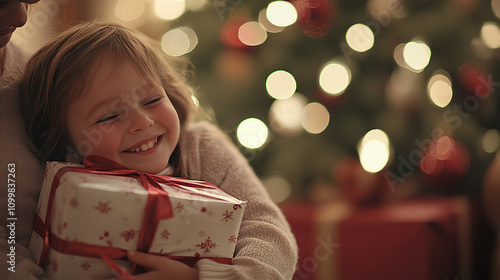 A cute child very happy with Christmas box in hand