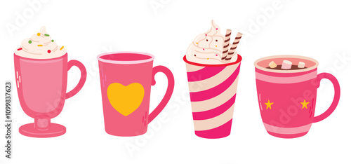 Various set of cute decorated cups and mugs for valentines day. Hot drinks. Flat illustration