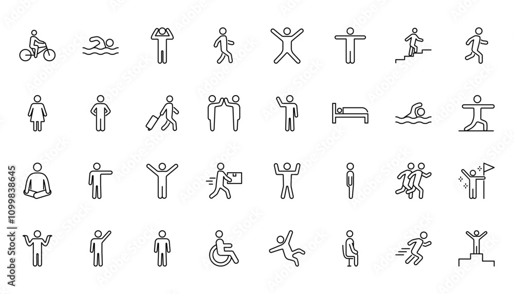 Obraz premium Set of people line icons. Person walking, running, jumping, dancing, swimming, sleeping. Vector illustrations. Editable strokes
