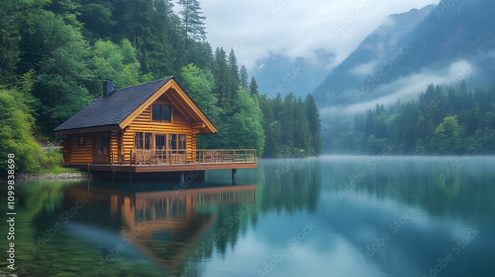 Obraz premium Panoramic view of luxurious wooden cabin with deck overlooking lake, surrounded by evergreen forest and misty mountains in serene morning atmosphere.