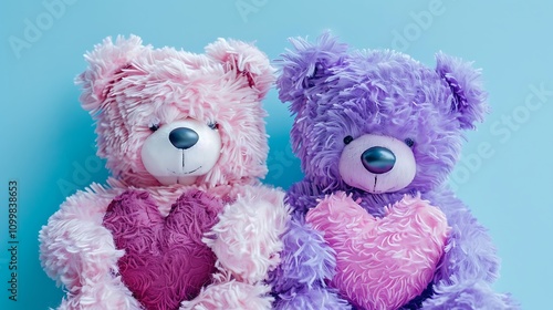 Valentinees day concept couple of cute pink and purple teddy bears holding a heart on blue background