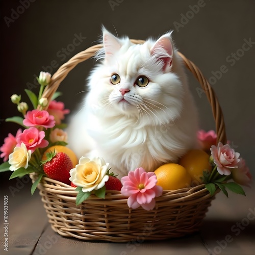 fluffy white persian cat sitting in a basket