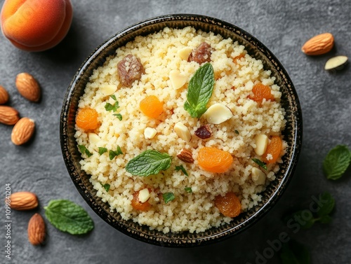 Top view of moroccan couscous with vegetables and lamb culinary delight kitchen aesthetic close-up flavorful journey photo