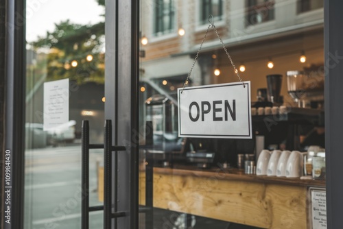 A sign with the word 'Open' on the door of a coffee shop.