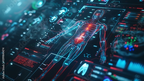 A digital representation of the human body with data overlays showcasing various anatomical and physiological details.