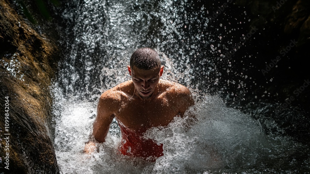 Fototapeta premium A man emerges from a cascading waterfall. The moment captures the thrill of adventure and the beauty of nature. Water splashes all around him. Generative AI