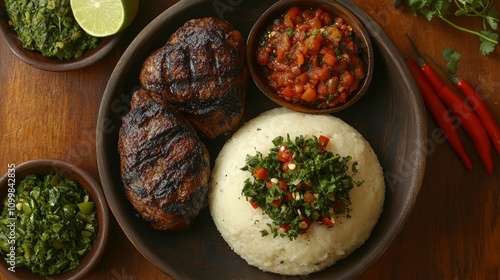 Top view of kenyan nyama choma with ugali and kachumbari outdoor dining food photography cultural experience photo