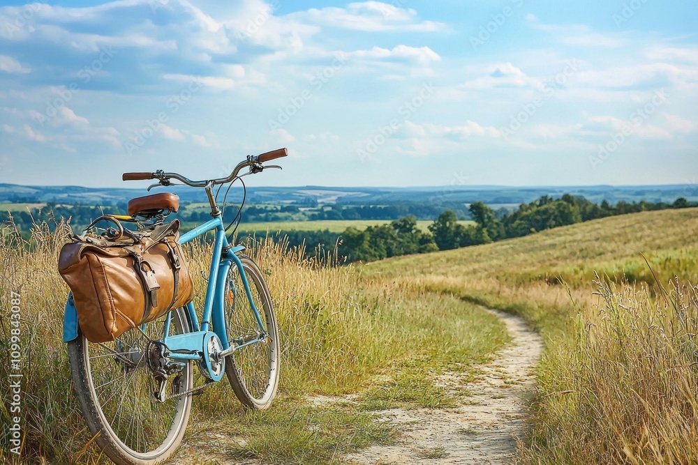 Naklejka premium Vintage bicycle parked on a scenic path, surrounded by open fields and blue skies, perfect for outdoor adventure and travel.