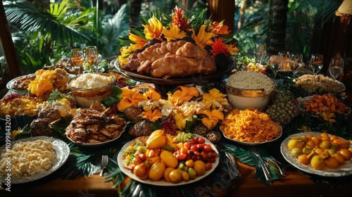 Top view of hawaiian luau feast featuring kalua pork and poi tropical setting culinary delight photo