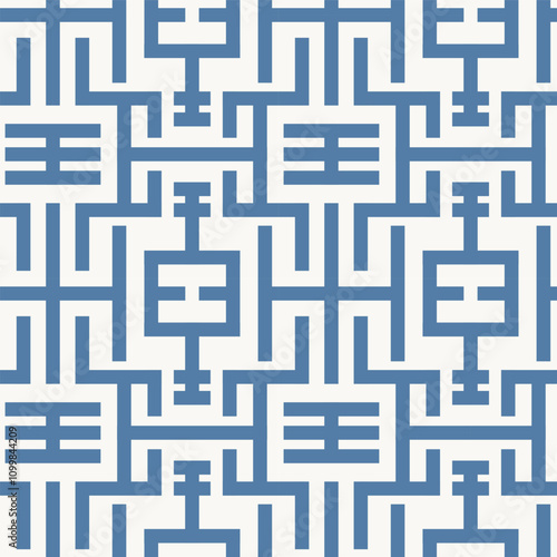 Geometric Chinoiserie seamless pattern blue white background. Abstract oriental motif endless geo design. Duotone symmetrical backdrop all over print. Block line shape maze repeat. For print, summer