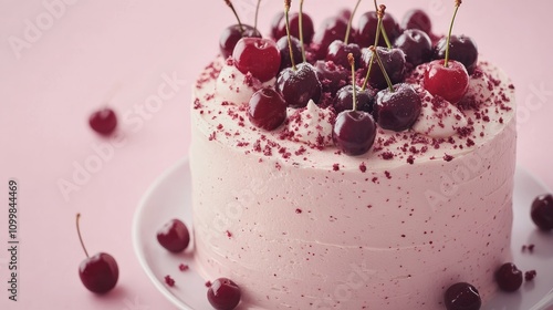 Creamy pink cake adorned with fresh cherries, ideal for celebrations like Valentineâ€™s Day or birthdays, set against a soft pink background.