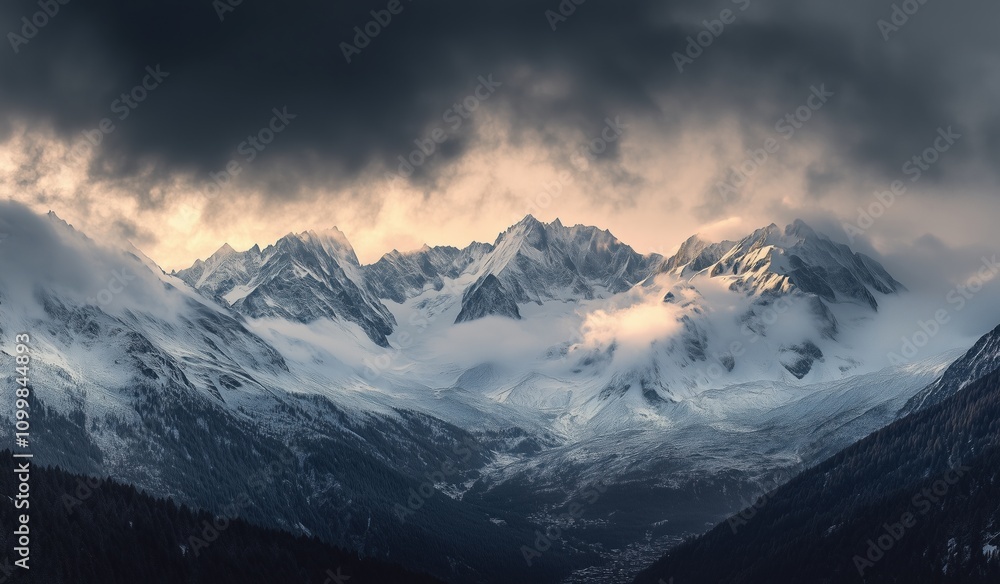 Obraz premium The mountains are covered in snow and the sky is cloudy