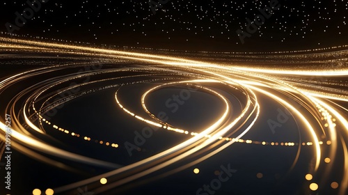 a scene with a dark background featuring a light track with golden lines on the left and an illuminated white spiral in the center, 3D rendered gold curves.