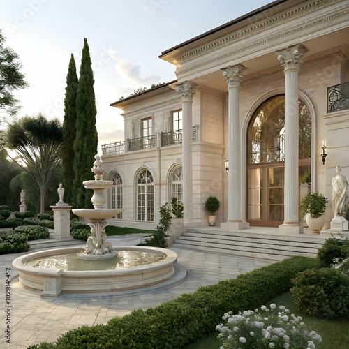 A stunning luxury mansion featuring classical Greek columns. photo