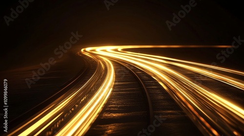 a scene with a dark background featuring a light track with golden lines on the left and an illuminated white spiral in the center, 3D rendered gold curves.
