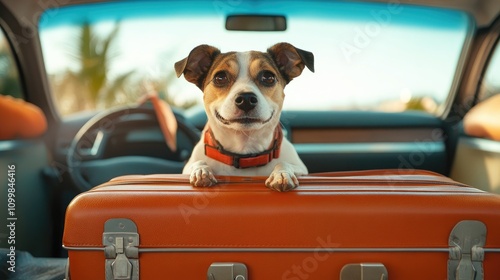 Cheerful dog sitting on an orange suitcase in a car, ready for travel, with a sunny landscape visible through the rear window. photo