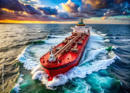 Red Oil Tanker Ship in Motion Across the Ocean, Transporting Fuel and Energy, Importing and Exporting Petroleum Products in a Vibrant Red Sea Landscape