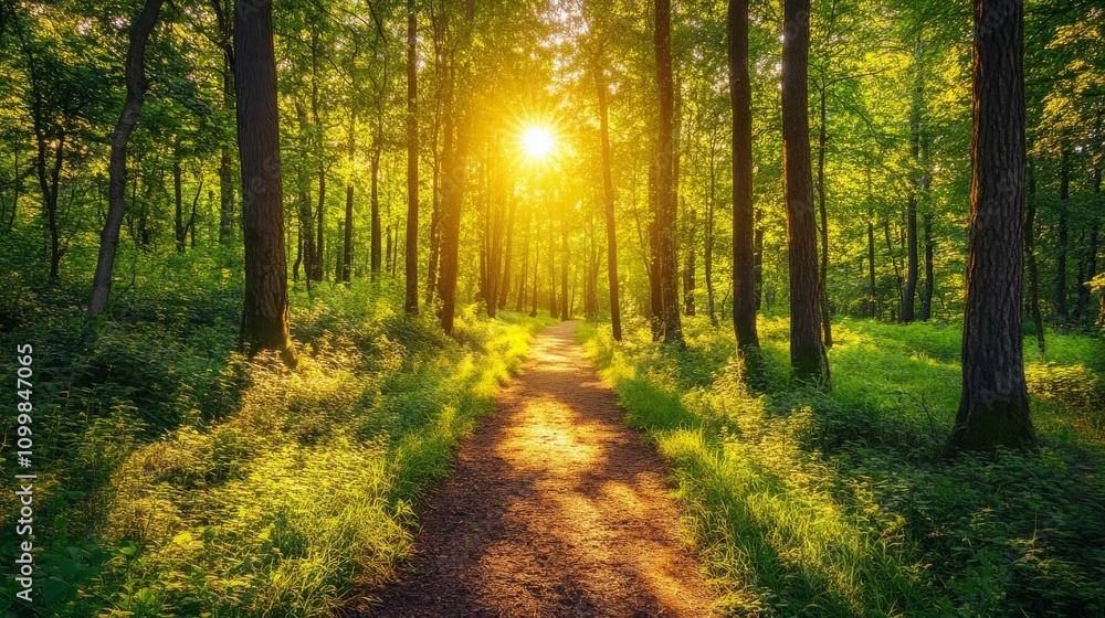 Obraz premium Sunlit Path Through Lush Green Forest Trees