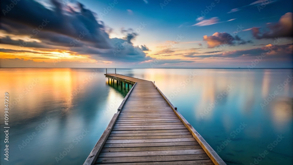 Fototapeta premium Serene Long Exposure of a Wooden Pier from Above, Capturing the Tranquility of Water and Nature in Perfect Harmony with Soft Waves and Gentle Reflections Under a Clear Sky