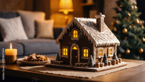 Gingerbread house on a table in a cozy room with a Christmas tree