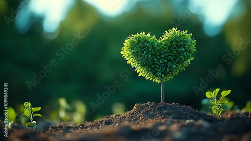 A small tree shaped like a heart, with fresh green leaves, growing out of soil.