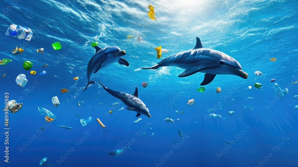 Obraz premium Dolphins Swimming Near Floating Waste in Ocean
