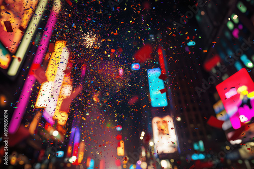 Vibrant New Year's Eve Celebration with Colorful Confetti and Festive Lights in Times Square Surrounded by Wreath and Holiday Decorations