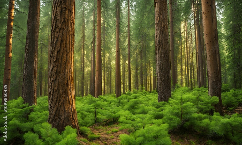 Fototapeta premium Healthy green trees in a forest of old spruce, fir and pine