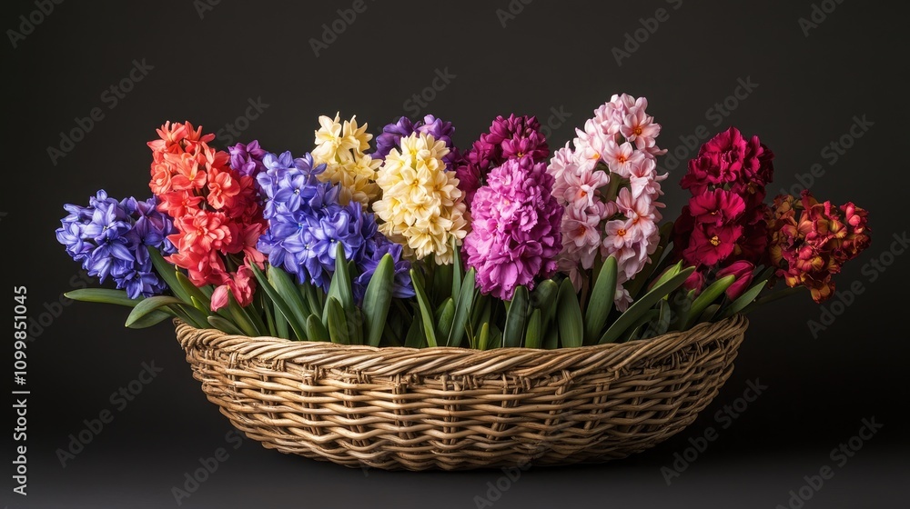 Vibrant straw basket filled with colorful hyacinths and carnations showcasing their full blossoms against a dark background Vibrant straw basket filled with colorful hyacinths and carnations showcasing their full blossoms against a dark background