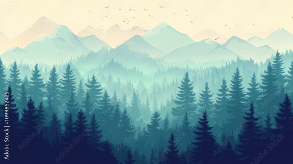 Fototapeta premium Misty mountain landscape with a vast evergreen forest.