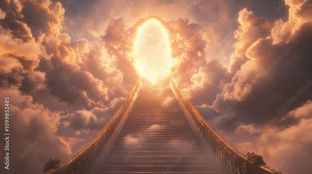 Fototapeta premium Enchanted Stairway to Glowing Portal in Ethereal Sky, Majestic Clouds, Dreamlike Atmosphere