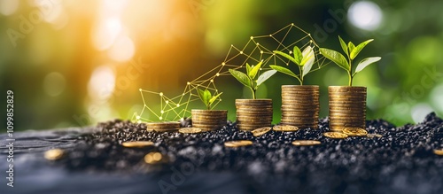 A symbolic representation of growing wealth using a plant pot filled with coins and notes Stock Photo with side copy space