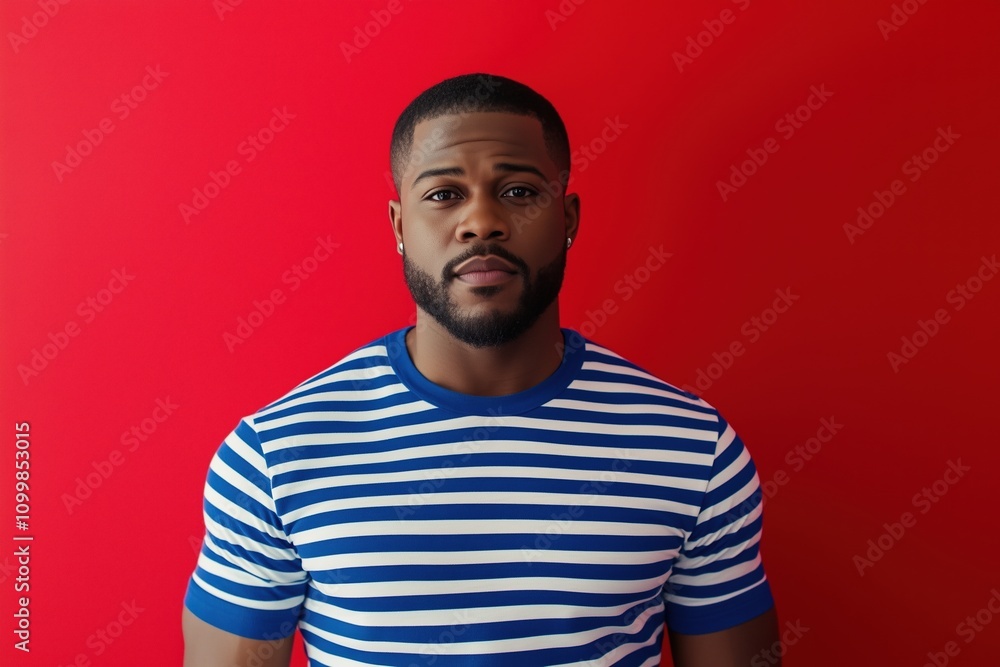 Obraz premium A man with a shaved head and a blue and white striped shirt