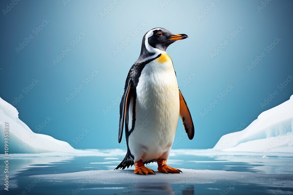 Obraz premium A penguin stands on ice, showcasing its distinctive features against a serene blue backdrop.