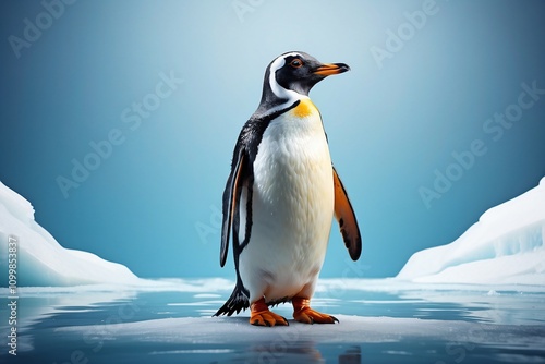 A penguin stands on ice, showcasing its distinctive features against a serene blue backdrop. photo