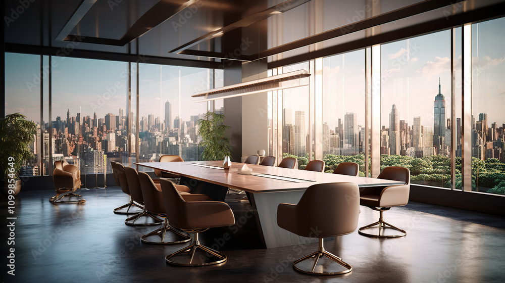 Fototapeta premium Modern Conference Room with Cityscape View