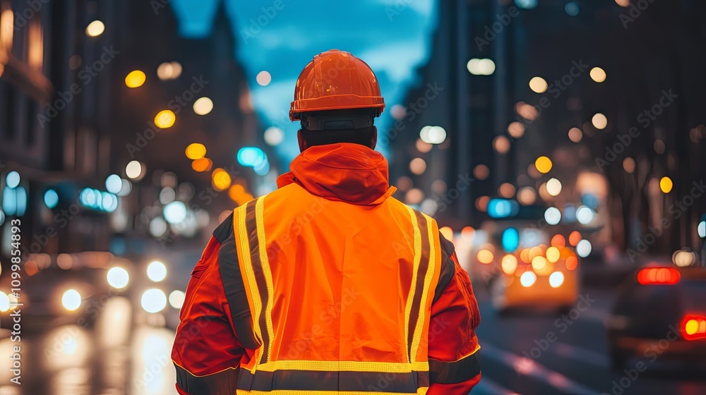 Obraz premium Construction Worker in City at Night