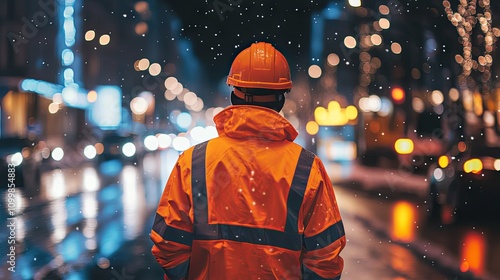 Construction Worker in Snowy City at Night