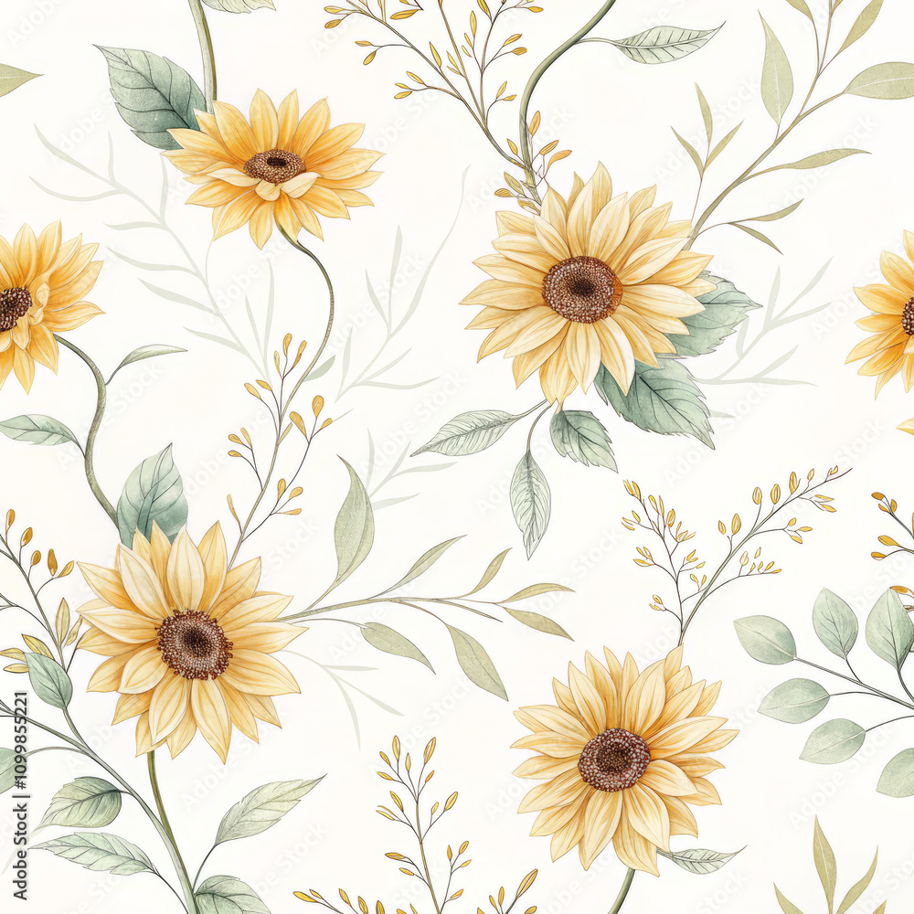 Fototapeta premium Swaying Sunflower Seamless Pattern