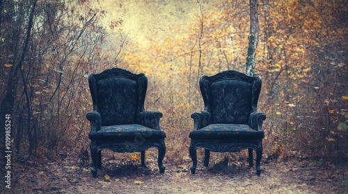 Two antique chairs sit facing each other in an autumnal forest, bathed in muted light.