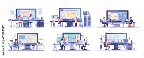 Cartoon lie or truth detection scenes. Tiny characters with huge monitor, man woman back view personages examining heart pulse bars and charts, watching human body physiological reactions on polygraph